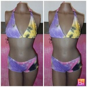 Tie-Dye Beach Rhinestone Dancewear Halter Bikini Set